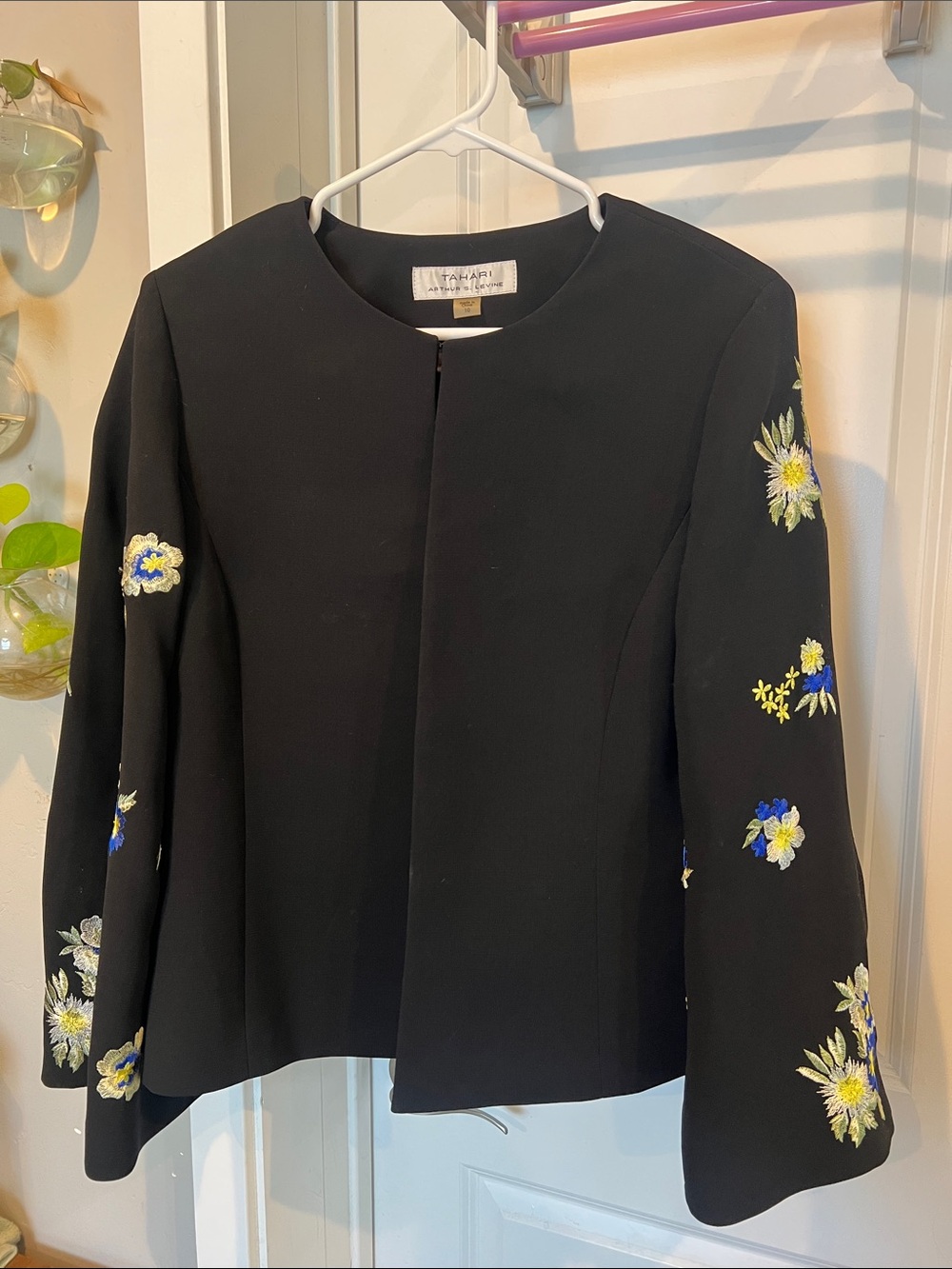 Black Embroidered Floral Collarless Blazer
